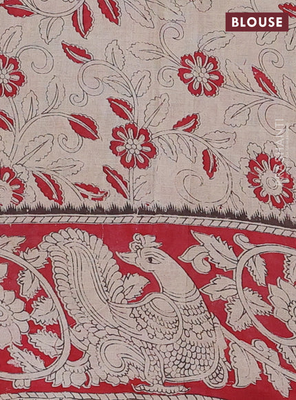 Kalamkari cotton saree beige and red with allover prints and printed border