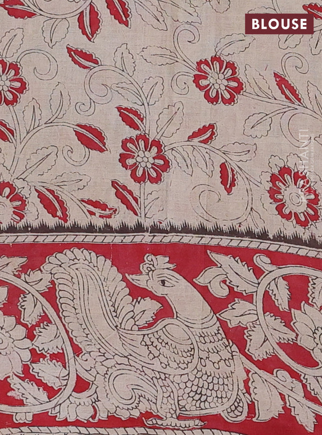Kalamkari cotton saree beige and red with allover prints and printed border
