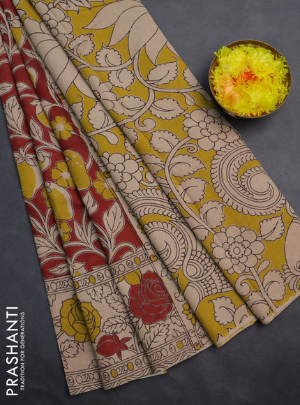 Kalamkari cotton saree red and beige with allover prints and printed border