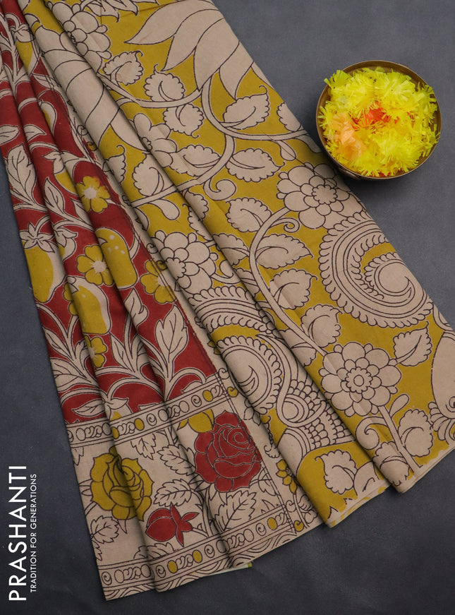 Kalamkari cotton saree red and beige with allover prints and printed border