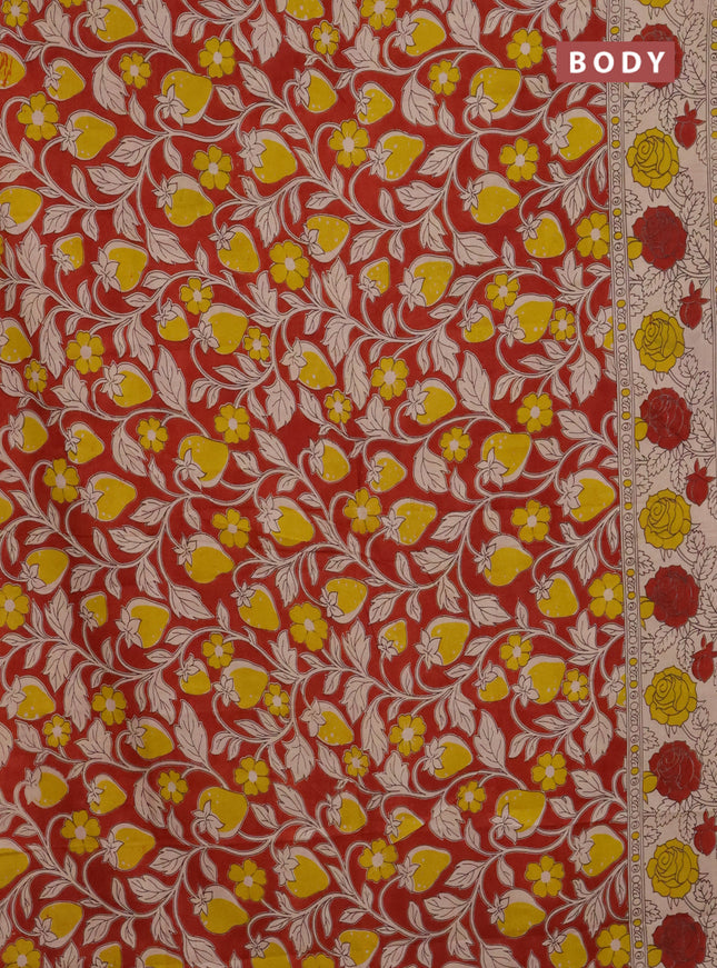 Kalamkari cotton saree red and beige with allover prints and printed border