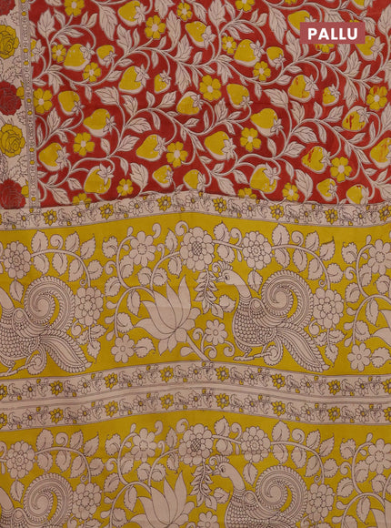 Kalamkari cotton saree red and beige with allover prints and printed border