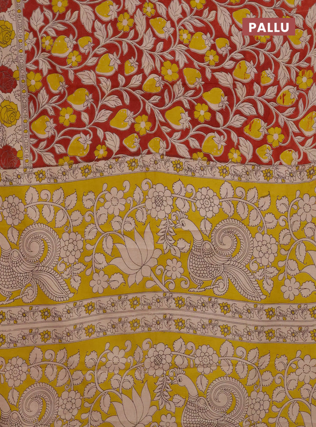 Kalamkari cotton saree red and beige with allover prints and printed border