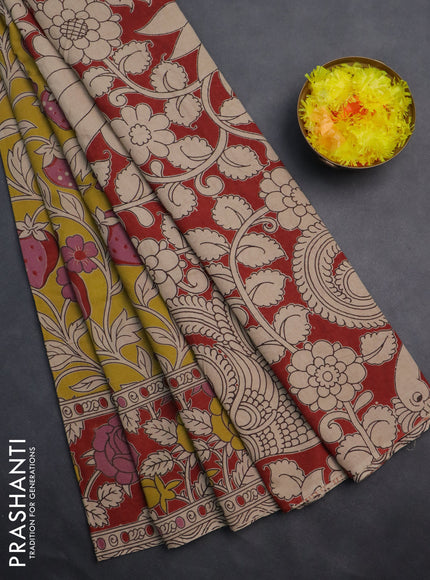 Kalamkari cotton saree yellow and maroon with allover prints and printed border