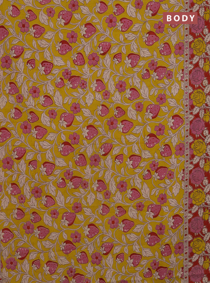 Kalamkari cotton saree yellow and maroon with allover prints and printed border