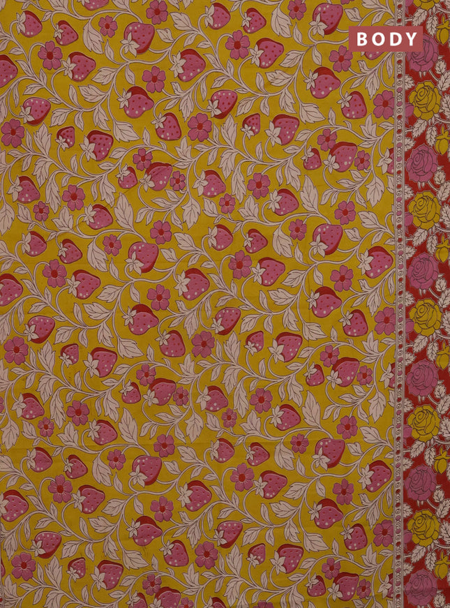 Kalamkari cotton saree yellow and maroon with allover prints and printed border