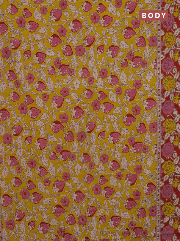 Kalamkari cotton saree yellow and maroon with allover prints and printed border