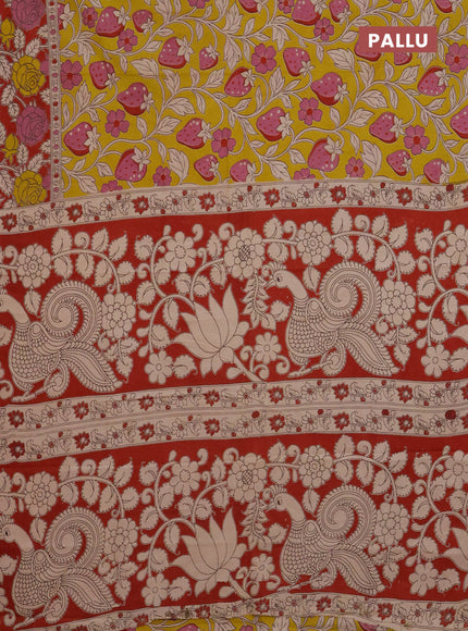 Kalamkari cotton saree yellow and maroon with allover prints and printed border
