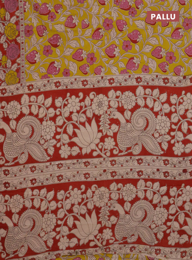 Kalamkari cotton saree yellow and maroon with allover prints and printed border