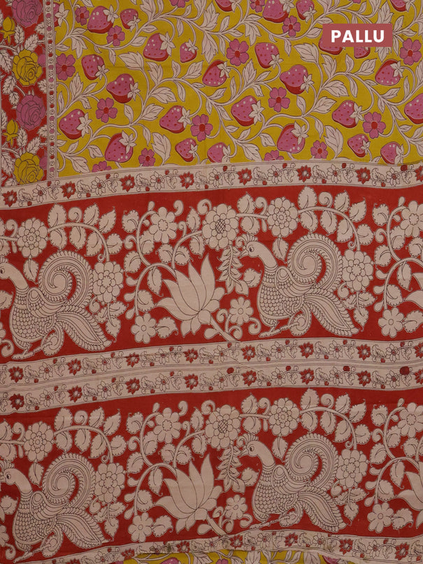 Kalamkari cotton saree yellow and maroon with allover prints and printed border