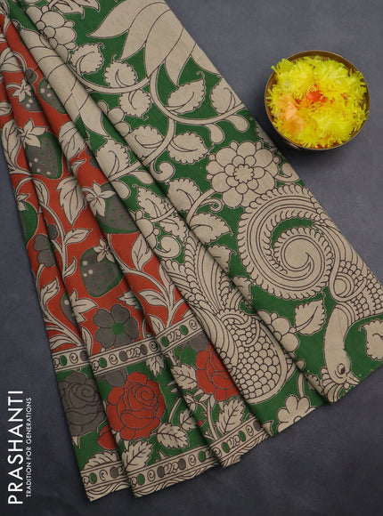 Kalamkari cotton saree orange and green with allover prints and printed border