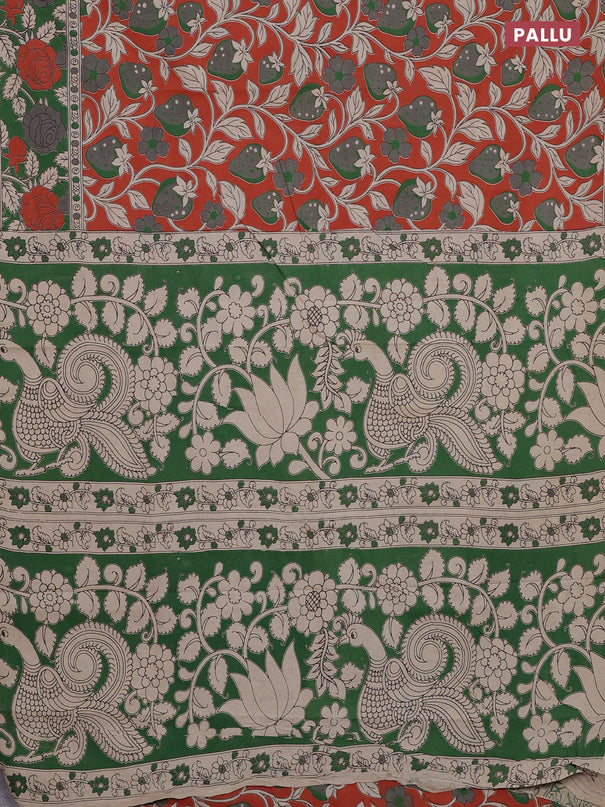 Kalamkari cotton saree orange and green with allover prints and printed border