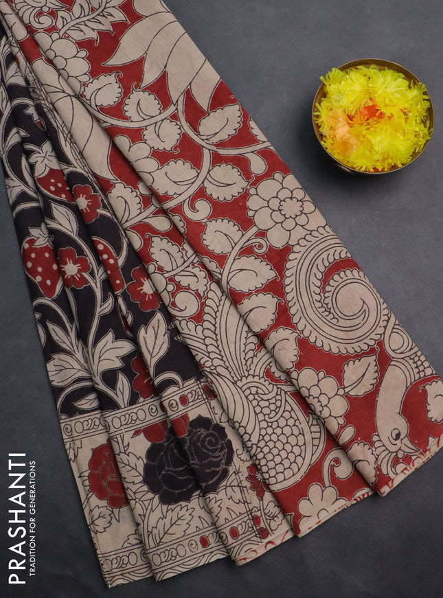 Kalamkari cotton saree black and beige with allover prints and printed border