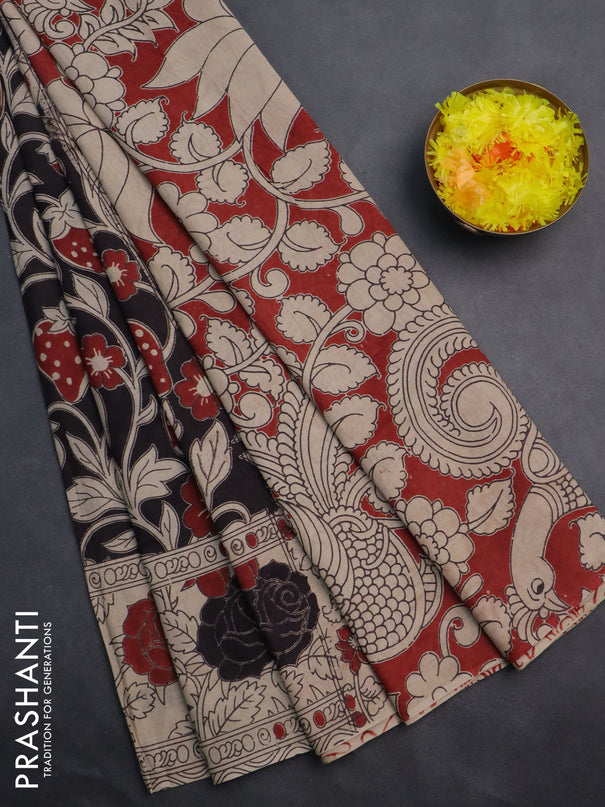 Kalamkari cotton saree black and beige with allover prints and printed border