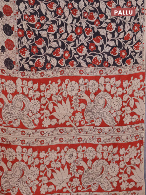 Kalamkari cotton saree black and beige with allover prints and printed border