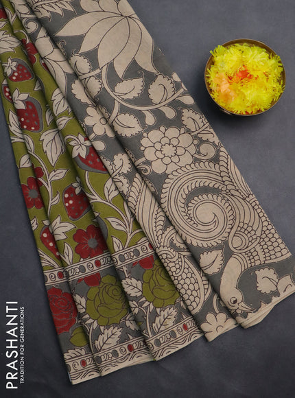 Kalamkari cotton saree mehendi green and grey with allover prints and printed border