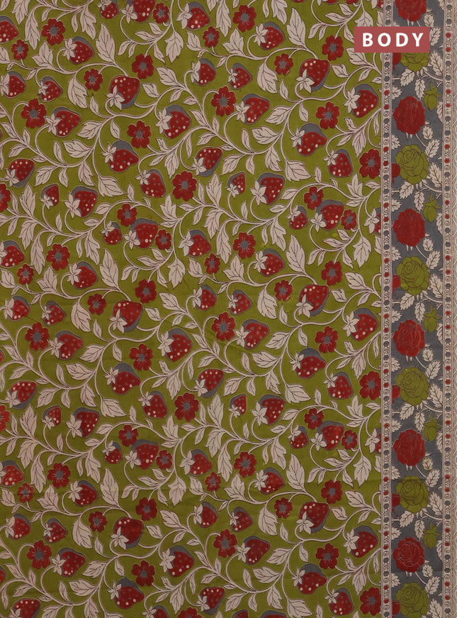 Kalamkari cotton saree mehendi green and grey with allover prints and printed border