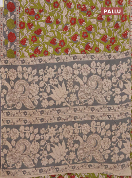 Kalamkari cotton saree mehendi green and grey with allover prints and printed border