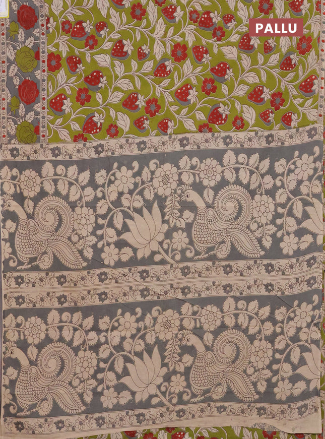 Kalamkari cotton saree mehendi green and grey with allover prints and printed border