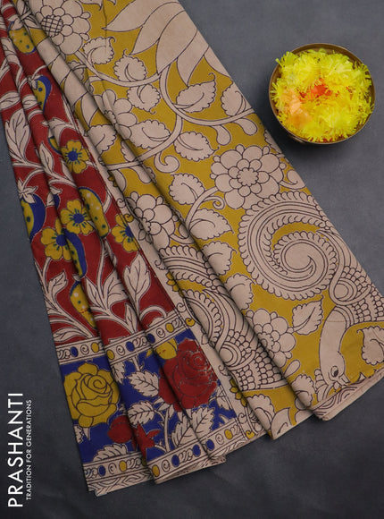 Kalamkari cotton saree maroon and blue with allover prints and printed border