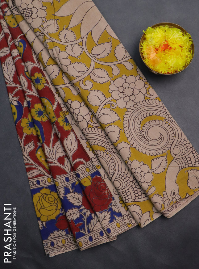 Kalamkari cotton saree maroon and blue with allover prints and printed border