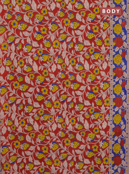 Kalamkari cotton saree maroon and blue with allover prints and printed border