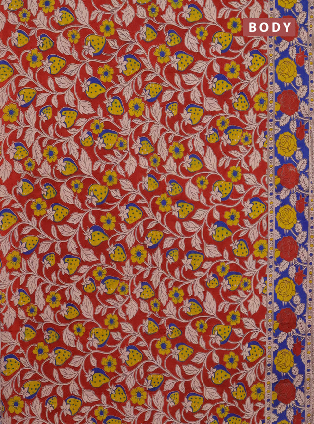 Kalamkari cotton saree maroon and blue with allover prints and printed border