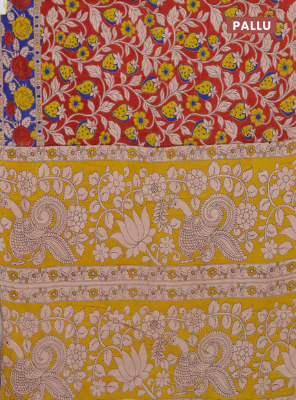 Kalamkari cotton saree maroon and blue with allover prints and printed border