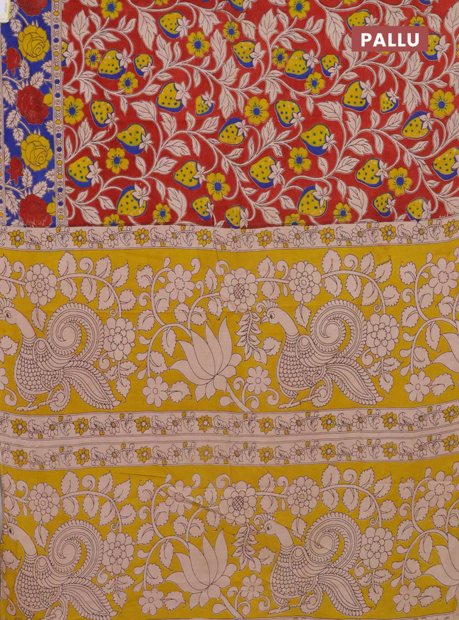 Kalamkari cotton saree maroon and blue with allover prints and printed border