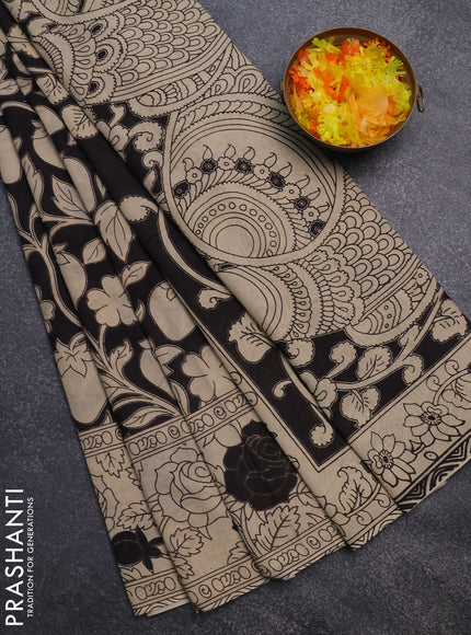 Kalamkari cotton saree black and beige with allover prints and printed border