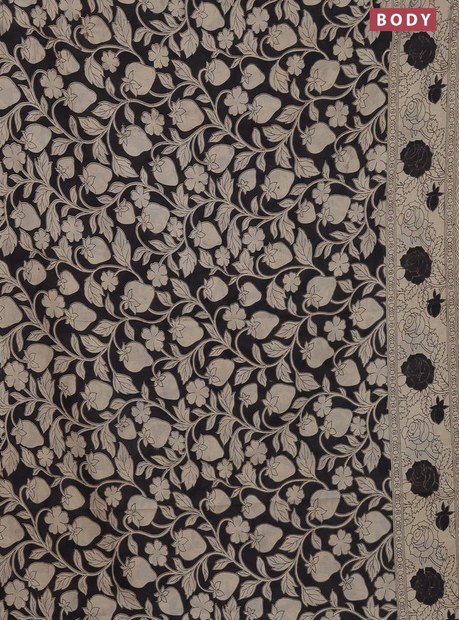 Kalamkari cotton saree black and beige with allover prints and printed border