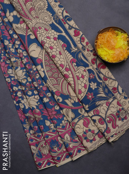Kalamkari cotton saree blue and mauve pink with allover prints and printed border