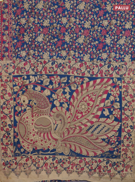 Kalamkari cotton saree blue and mauve pink with allover prints and printed border
