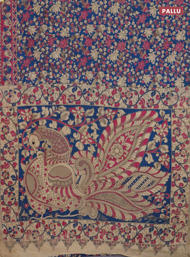 Kalamkari cotton saree blue and mauve pink with allover prints and printed border
