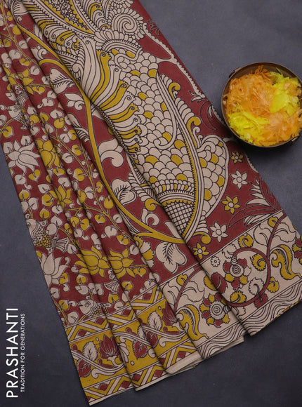 Kalamkari cotton saree maroon and yellow with allover prints and printed border