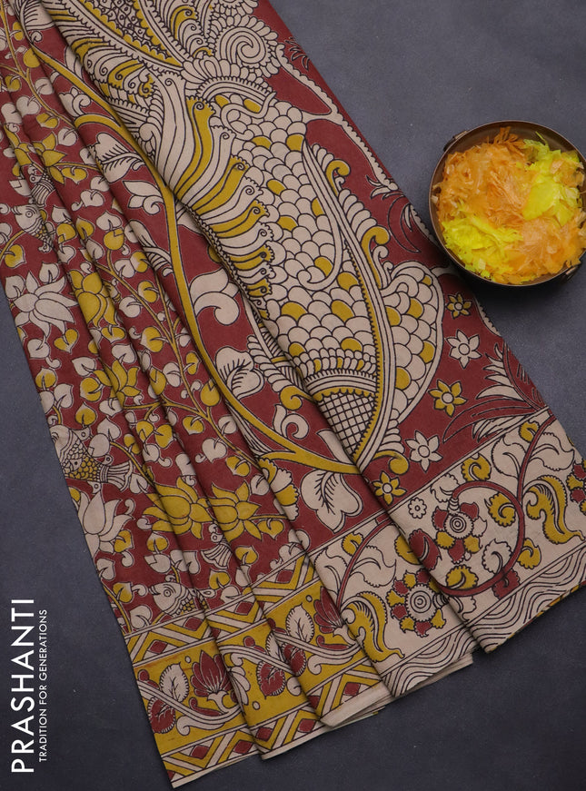 Kalamkari cotton saree maroon and yellow with allover prints and printed border
