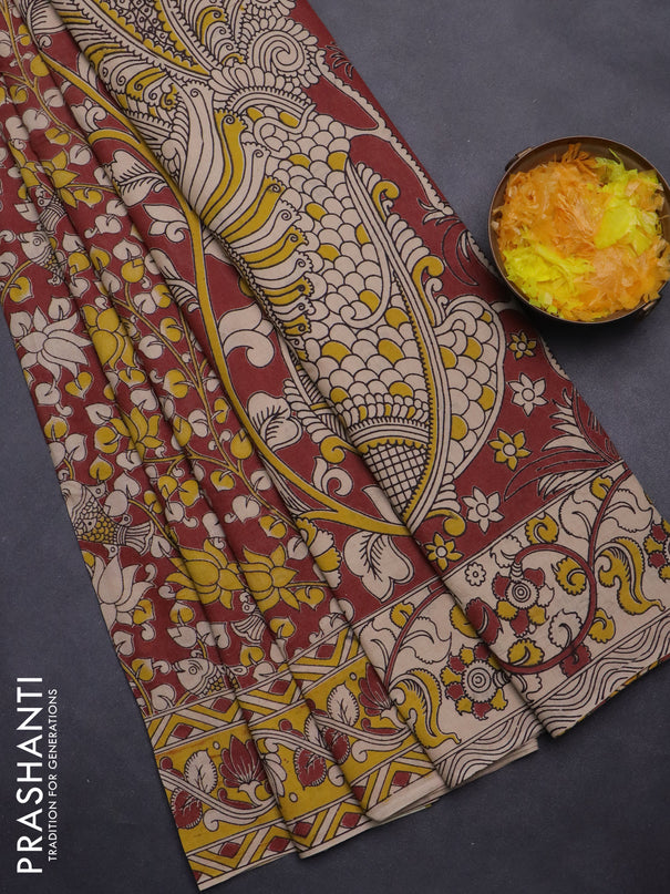 Kalamkari cotton saree maroon and yellow with allover prints and printed border