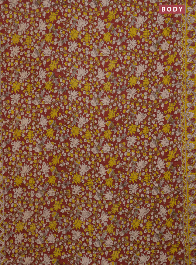 Kalamkari cotton saree maroon and yellow with allover prints and printed border