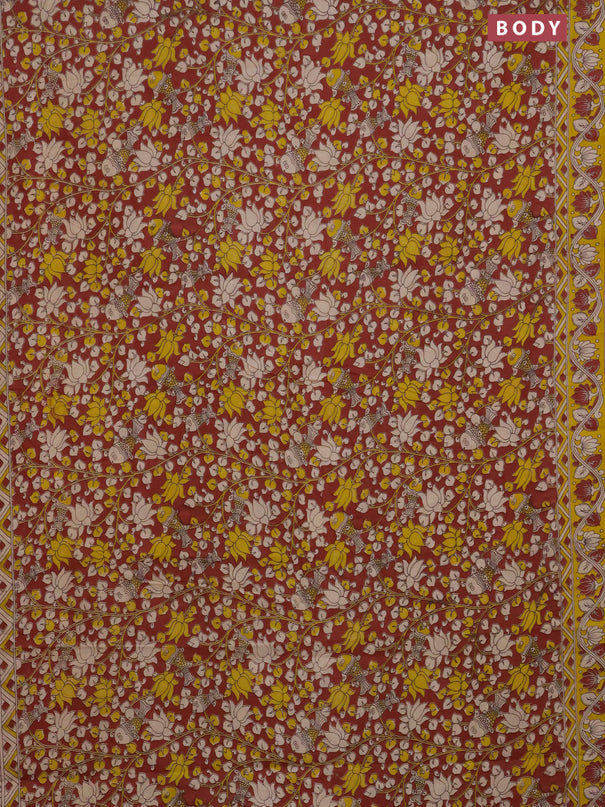 Kalamkari cotton saree maroon and yellow with allover prints and printed border