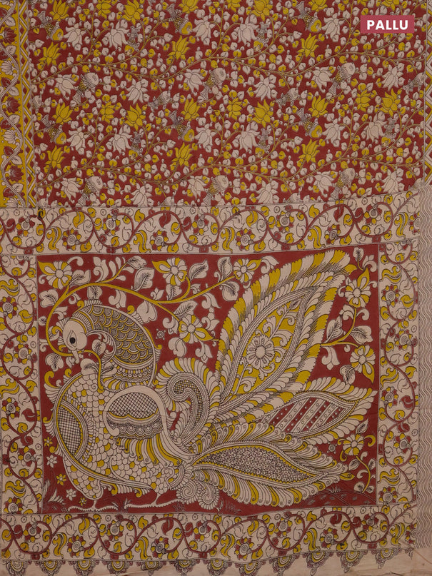 Kalamkari cotton saree maroon and yellow with allover prints and printed border