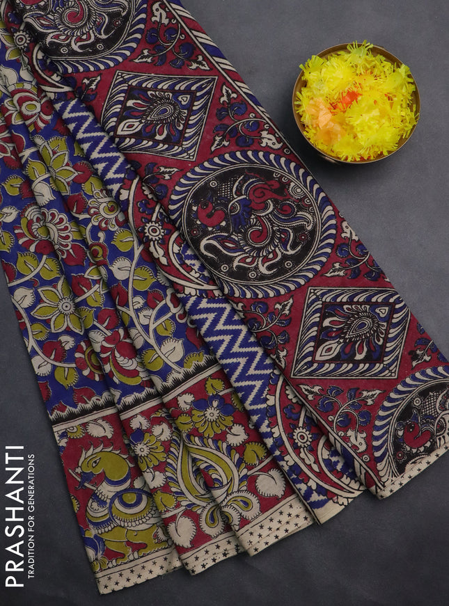 Kalamkari cotton saree blue and magenta pink with allover prints and printed border