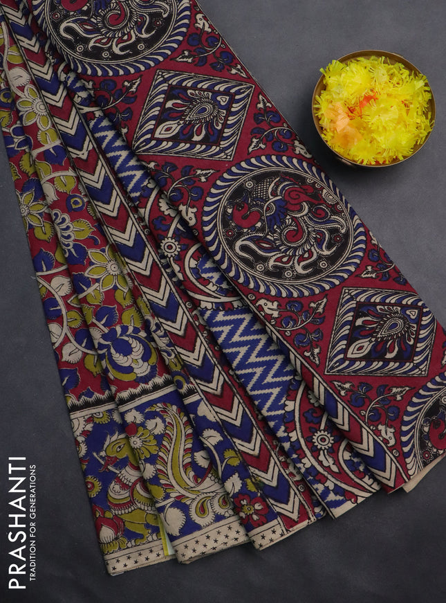 Kalamkari cotton saree pink and blue with allover prints and printed border