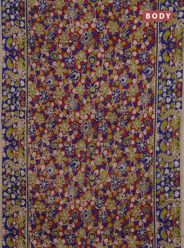 Kalamkari cotton saree pink and blue with allover prints and printed border