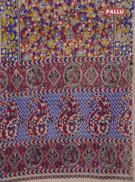 Kalamkari cotton saree pink and blue with allover prints and printed border