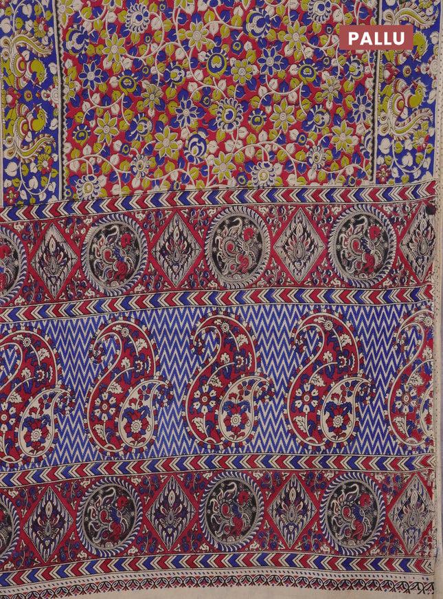 Kalamkari cotton saree pink and blue with allover prints and printed border