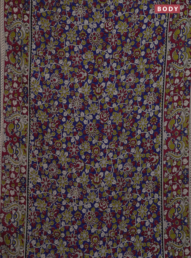 Kalamkari cotton saree blue and magenta pink with allover prints and printed border
