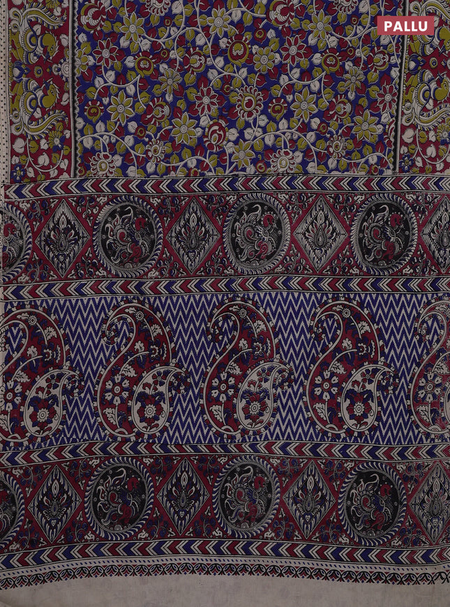 Kalamkari cotton saree blue and magenta pink with allover prints and printed border