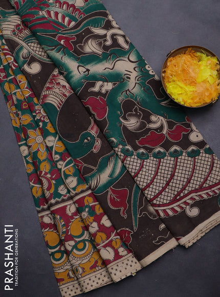 Kalamkari cotton saree green and dark pink with allover prints and printed border