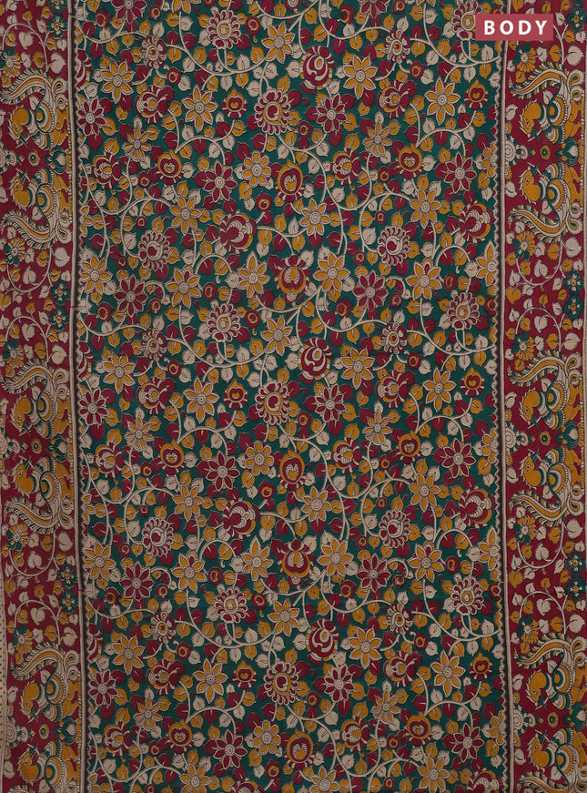 Kalamkari cotton saree green and dark pink with allover prints and printed border