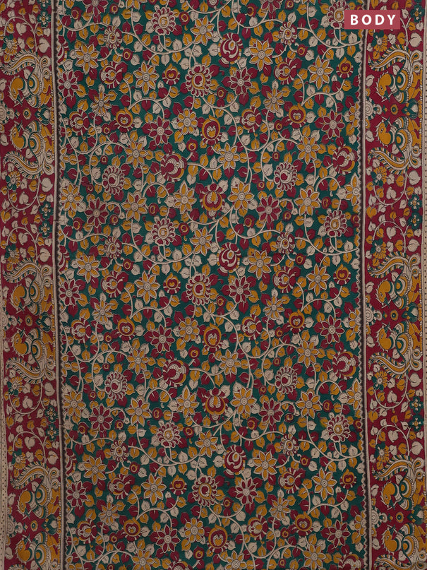 Kalamkari cotton saree green and dark pink with allover prints and printed border